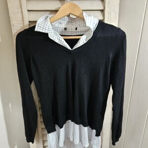 Adrianna Papell Black Sweater with Cream Patterned Collar